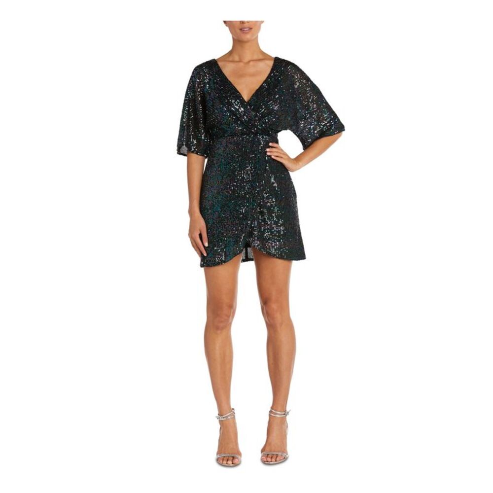 MORGAN & CO Womens Black Elbow Sleeve Mini Party Faux Wrap Dress 0